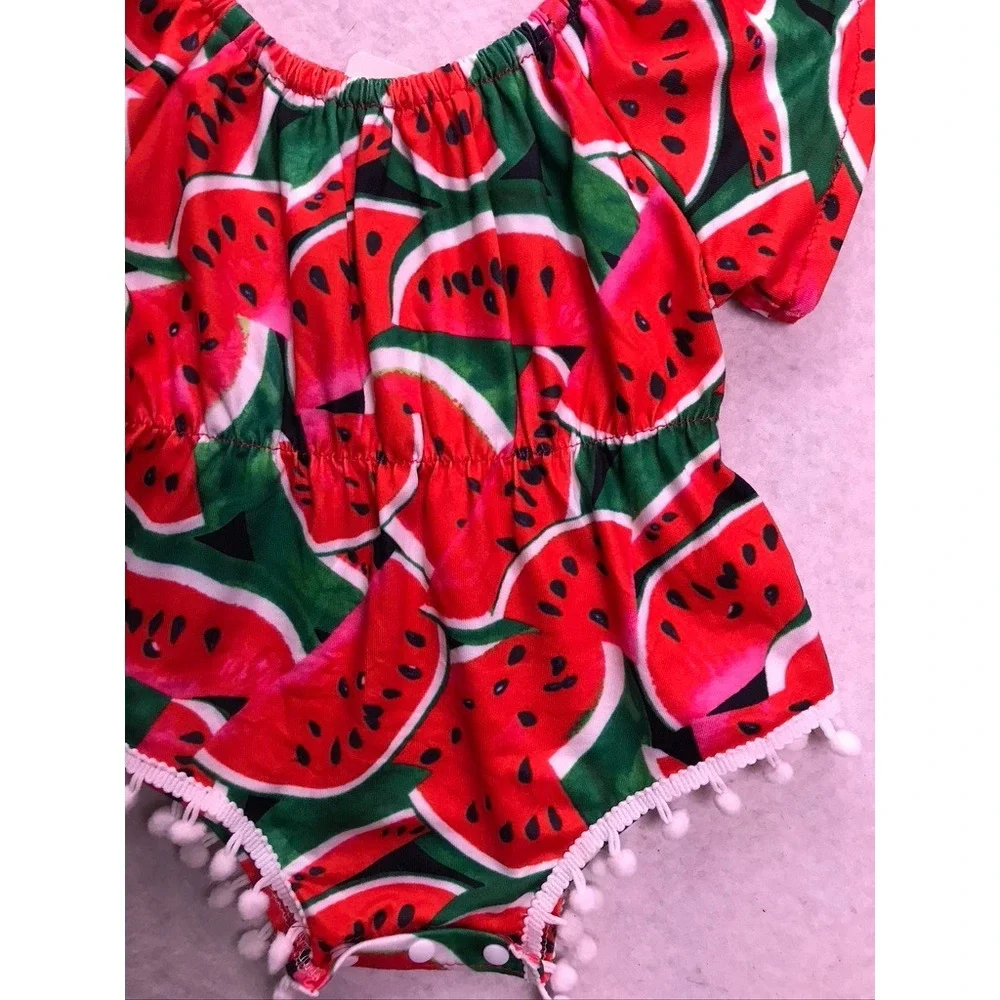 Boutique Watermelon Bubble Romper Baby 0-3M Red Pom Pom Trim Set
